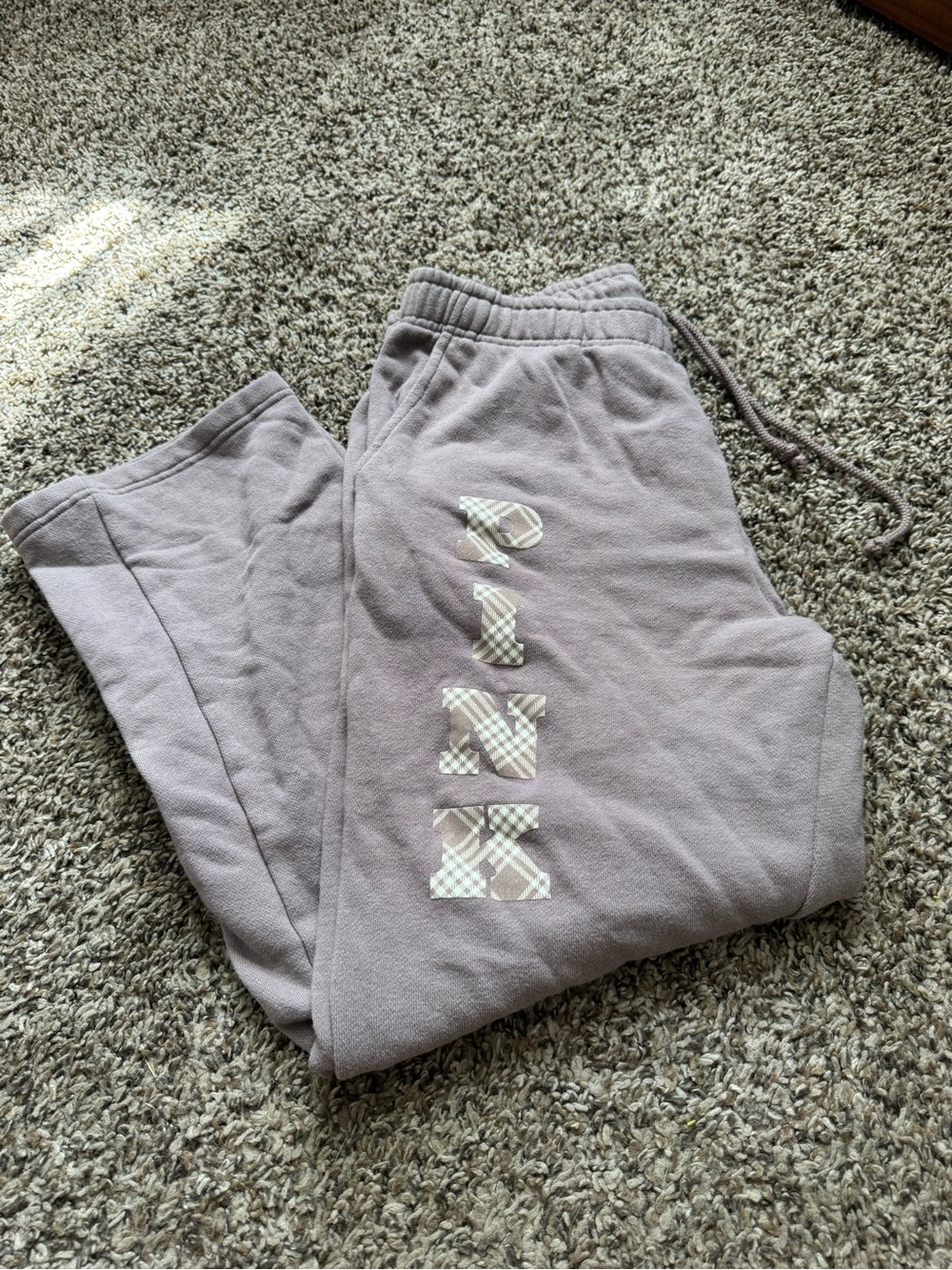 PINK Victoria's Secret Mauve Plaid-Letter Straight Leg sweat pants - Picture 1 of 3